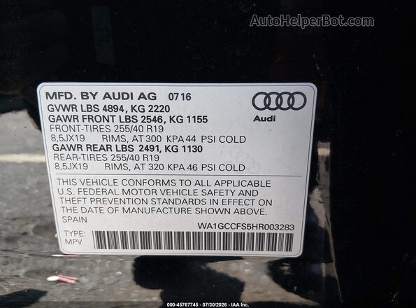 WA1GCCFS5HR003283 2017 AUDI Q3 Black ძრავის განყოფილების ხედი