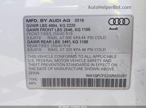 WA1GFCFS2GR020287 2016 AUDI Q3 Белый Вид подкапотного пространства