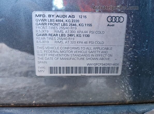 WA1GFCFS4GR014636 2016 AUDI Q3 Gray Widok wnętrza 360 stopni