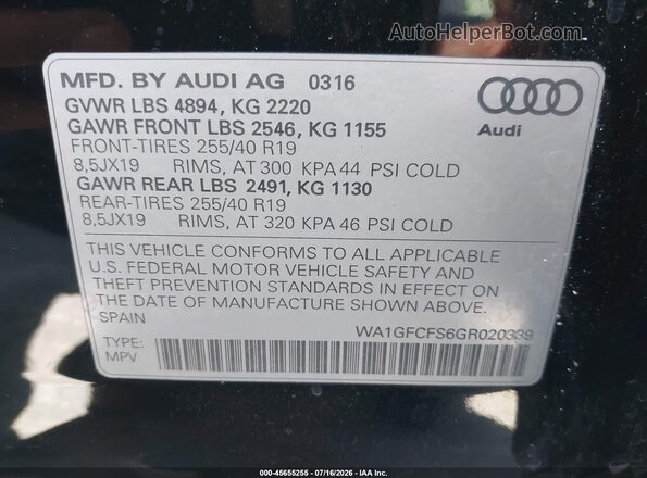 WA1GFCFS6GR020339 2016 AUDI Q3 Black Engine compartment view