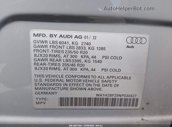 WA1H2BFZ9NP030427 2022 AUDI Q4 Gray ძრავის განყოფილების ხედი