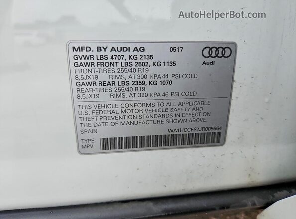 WA1HCCFS2JR005664 2018 AUDI Q3 White VIN კოდის სტიკერის ხედი
