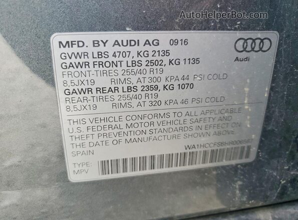 WA1HCCFS6HR006567 2017 AUDI Q3 Gray Vista de la etiqueta del VIN