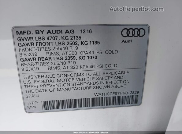 WA1HCCFS7HR012829 2017 AUDI Q3 White Engine compartment view