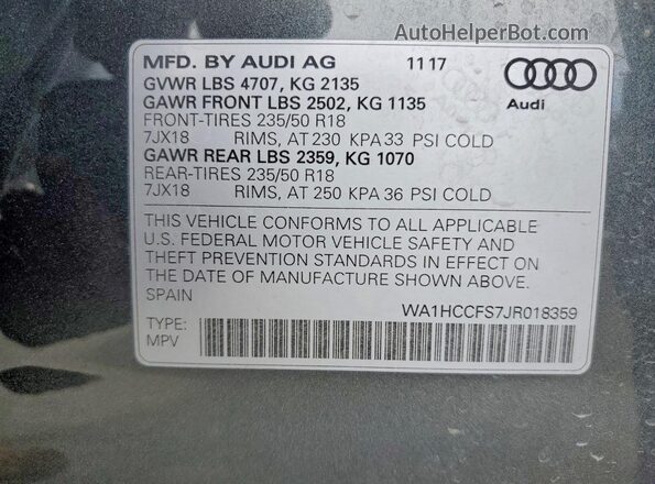 WA1HCCFS7JR018359 2018 AUDI Q3 Charcoal Панорамний вид салону 360°