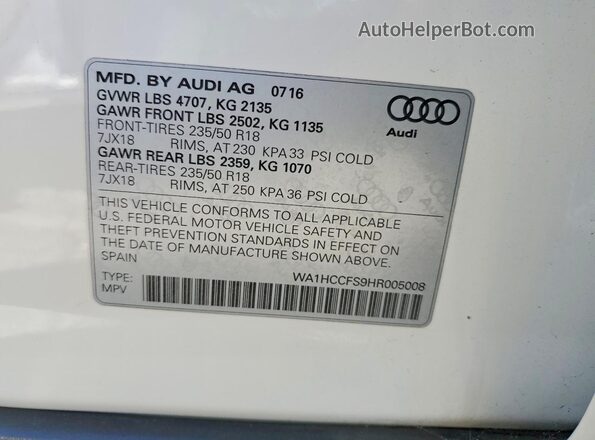 WA1HCCFS9HR005008 2017 AUDI Q3 White Vista de la etiqueta del VIN