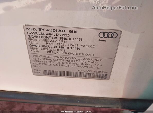 WA1JCCFS0HR001320 2017 AUDI Q3 White Engine compartment view
