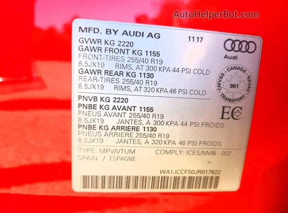 WA1JCCFS0JR017622 2018 AUDI Q3 Red Widok wnętrza 360 stopni