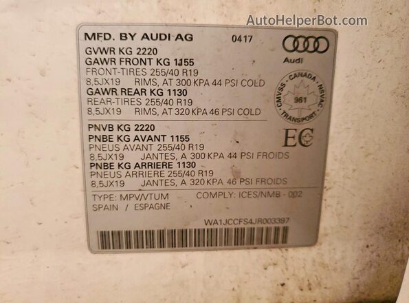 WA1JCCFS4JR003397 2018 AUDI Q3 White Շարժիչի բաժամունքի տեսք