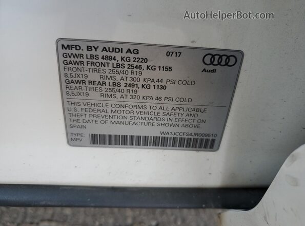 WA1JCCFS4JR009510 2018 AUDI Q3 White Vista de la etiqueta del VIN