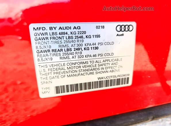 WA1JCCFS5JR026039 2018 AUDI Q3 Красный Вид наклейки с VIN-кодом