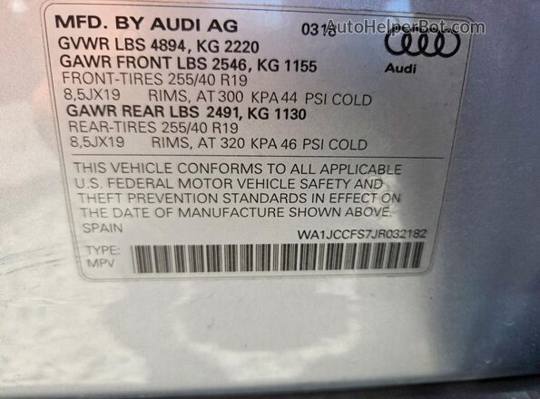 WA1JCCFS7JR032182 2018 AUDI Q3 Silver Вид наклейки з VIN-кодом