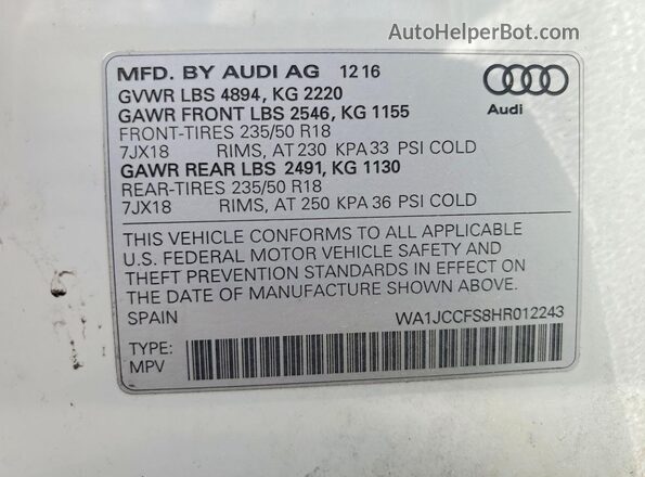 WA1JCCFS8HR012243 2017 AUDI Q3 White Engine compartment view