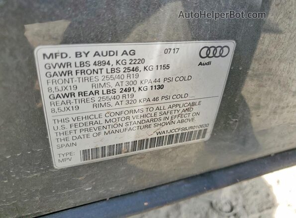 WA1JCCFS8JR010630 2018 AUDI Q3 Gray VIN կոդի պիտակի տեսք