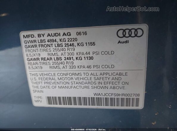WA1JCCFS9HR002708 2017 AUDI Q3 Синий Вид подкапотного пространства