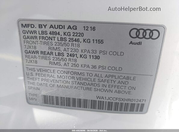 WA1JCCFSXHR012471 2017 AUDI Q3 White Вид підкапотного простору