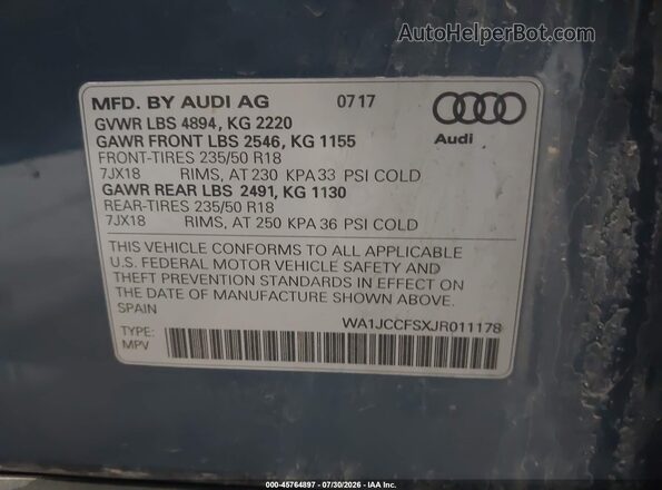 WA1JCCFSXJR011178 2018 AUDI Q3 Blue Vista del compartimento del motor