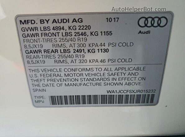 WA1JCCFSXJR015232 2018 AUDI Q3 White VIN կոդի պիտակի տեսք