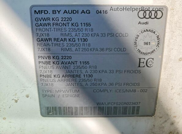WA1JFCFS2GR023437 2016 AUDI Q3 White VIN sticker view