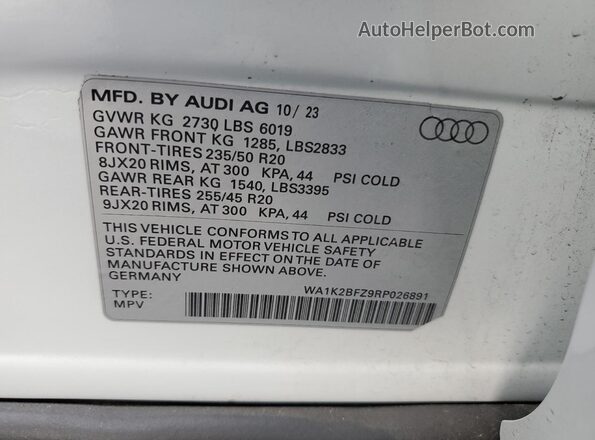 WA1K2BFZ9RP026891 2024 AUDI Q4 White VIN კოდის სტიკერის ხედი