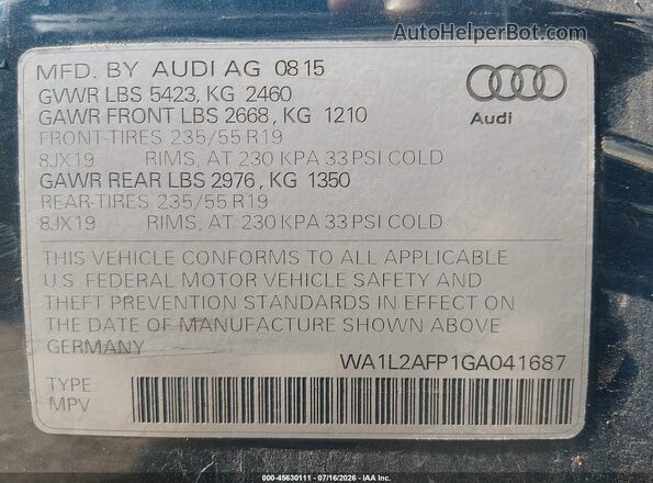 WA1L2AFP1GA041687 2016 AUDI Q5 Blue ძრავის განყოფილების ხედი