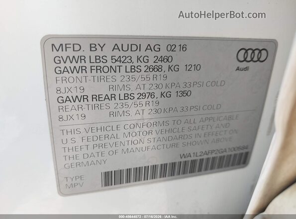 WA1L2AFP2GA100584 2016 AUDI Q5 Белый Вид подкапотного пространства