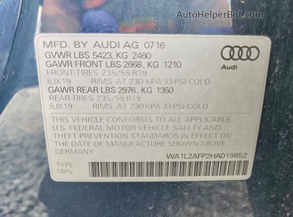 WA1L2AFP2HA019652 2017 AUDI Q5 Blue Вид наклейки з VIN-кодом