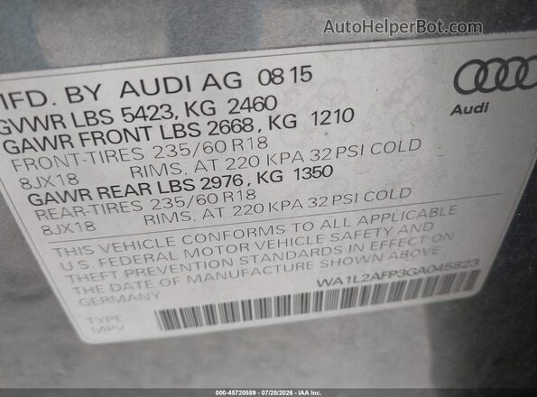 WA1L2AFP3GA045823 2016 AUDI Q5 Gray Vista del compartimento del motor