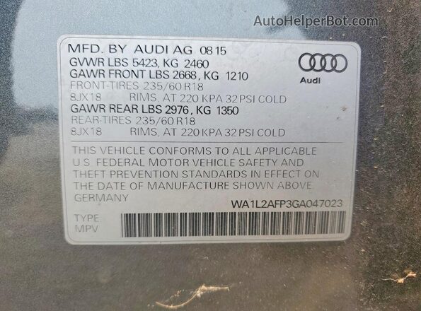 WA1L2AFP3GA047023 2016 AUDI Q5 Gray Вид наклейки з VIN-кодом