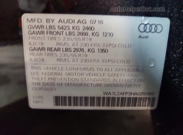 WA1L2AFP3HA026366 2017 AUDI Q5 Gray Vista de la etiqueta del VIN