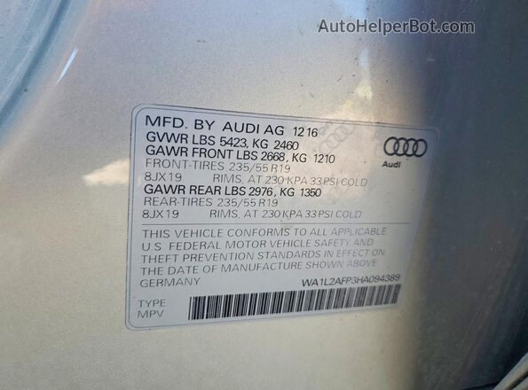 WA1L2AFP3HA094389 2017 AUDI Q5 Silver Widok naklejki z numerem VIN