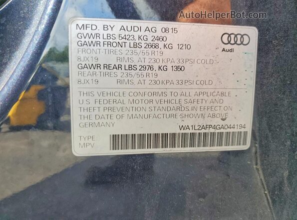 WA1L2AFP4GA044194 2016 AUDI Q5 Черный Вид наклейки с VIN-кодом
