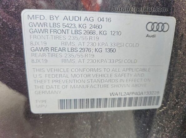 WA1L2AFP4GA133229 2016 AUDI Q5 Угольный Вид наклейки с VIN-кодом