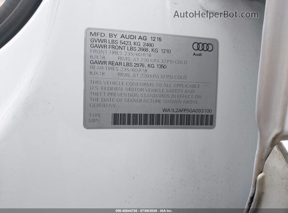 WA1L2AFP5GA093100 2016 AUDI Q5 Белый Вид подкапотного пространства