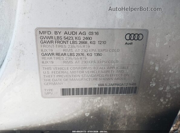 WA1L2AFP8GA121665 2016 AUDI Q5 White Engine compartment view