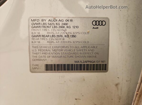 WA1L2AFP8GA131161 2016 AUDI Q5 White Вид наклейки з VIN-кодом