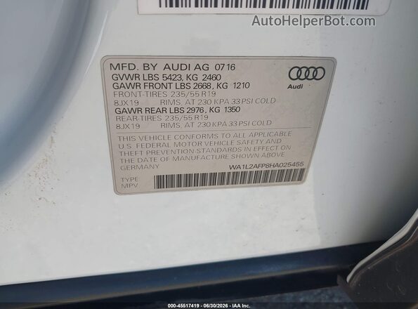 WA1L2AFP8HA025455 2017 AUDI Q5 White Vista del compartimento del motor