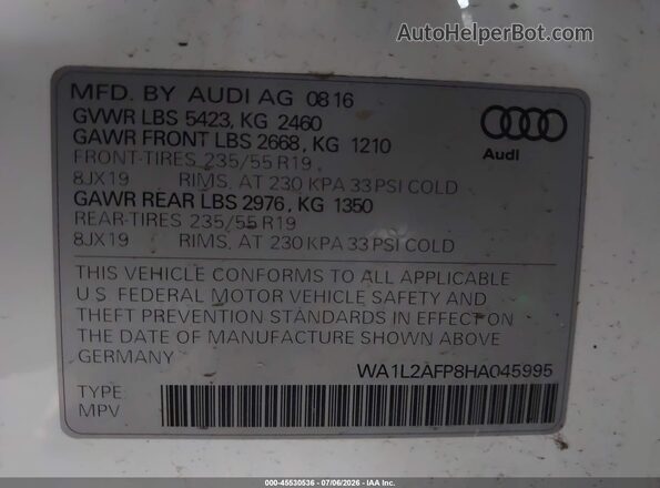 WA1L2AFP8HA045995 2017 AUDI Q5 White Вид підкапотного простору