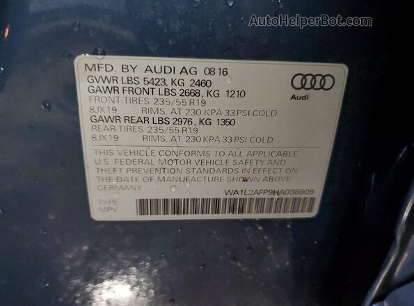 WA1L2AFP9HA038909 2017 AUDI Q5 Blue Vista de la etiqueta del VIN