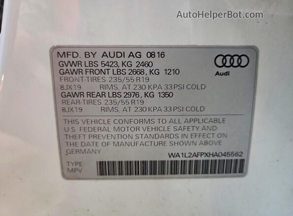 WA1L2AFPXHA045562 2017 AUDI Q5 White Вид наклейки з VIN-кодом