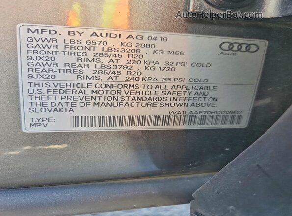 WA1LAAF70HD013947 2017 AUDI Q7 Серый Вид наклейки с VIN-кодом