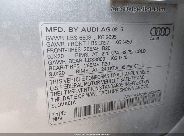 WA1LAAF70HD024575 2017 AUDI Q7 Silver ძრავის განყოფილების ხედი