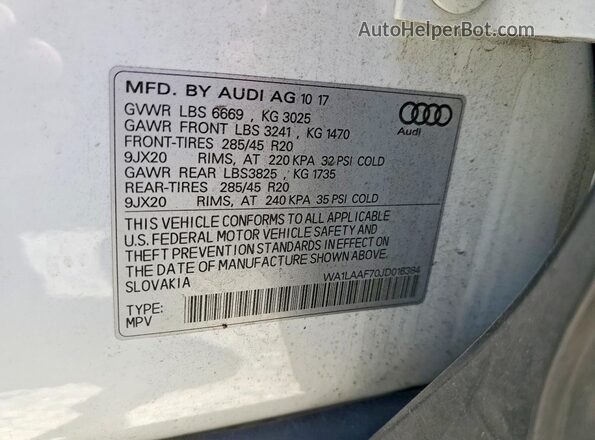 WA1LAAF70JD016384 2018 AUDI Q7 White VIN კოდის სტიკერის ხედი