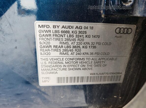 WA1LAAF70JD042984 2018 AUDI Q7 Blue VIN կոդի պիտակի տեսք
