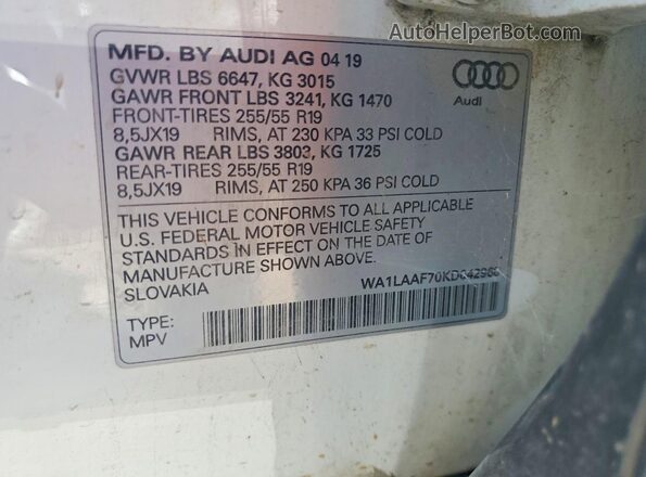 WA1LAAF70KD042968 2019 AUDI Q7 White VIN კოდის სტიკერის ხედი