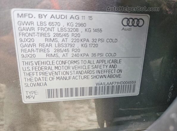 WA1LAAF71HD004559 2017 AUDI Q7 Gray VIN კოდის სტიკერის ხედი