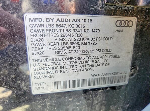 WA1LAAF71KD014872 2019 AUDI Q7 Черный Вид наклейки с VIN-кодом