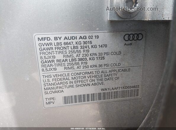 WA1LAAF71KD034622 2019 AUDI Q7 Silver ძრავის განყოფილების ხედი
