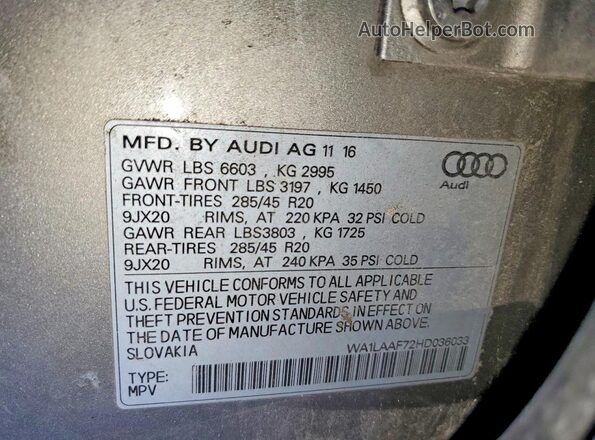 WA1LAAF72HD036033 2017 AUDI Q7 Золотой Вид наклейки с VIN-кодом