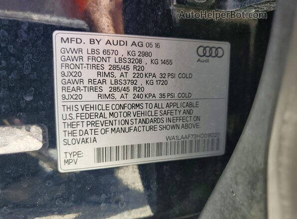 WA1LAAF73HD018320 2017 AUDI Q7 Blue Widok naklejki z numerem VIN